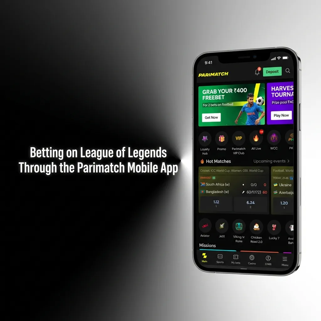 Mobile app interface showing League of Legends betting options with match selections and bet slip on smartphone screen