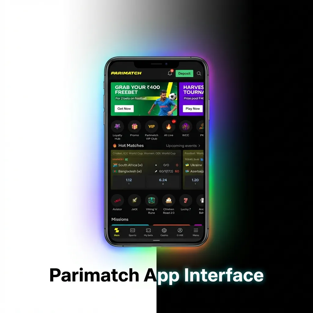Parimatch mobile app showing sports betting, casino games, and live dealer options with one-handed navigation