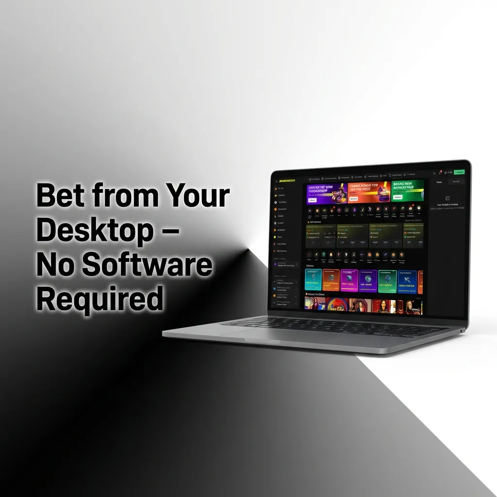 Browser-based betting platform interface showing no download required for desktop access on Chrome, Firefox, Safari, and Edge