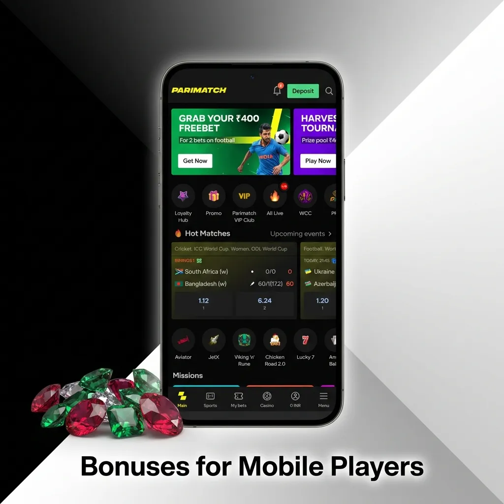 Mobile casino app showing welcome bonus offers including slots, sports betting, and live casino promotions in rupees