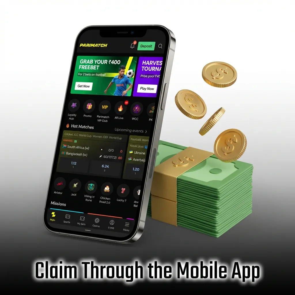 Mobile app screenshot showing registration, promotions menu, deposit option, and bonus claiming process