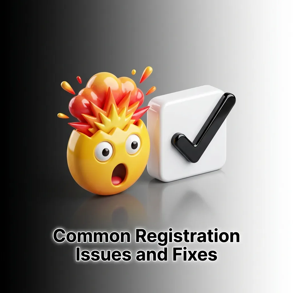 Table showing common registration problems like verification codes, expired links, and account errors with solutions