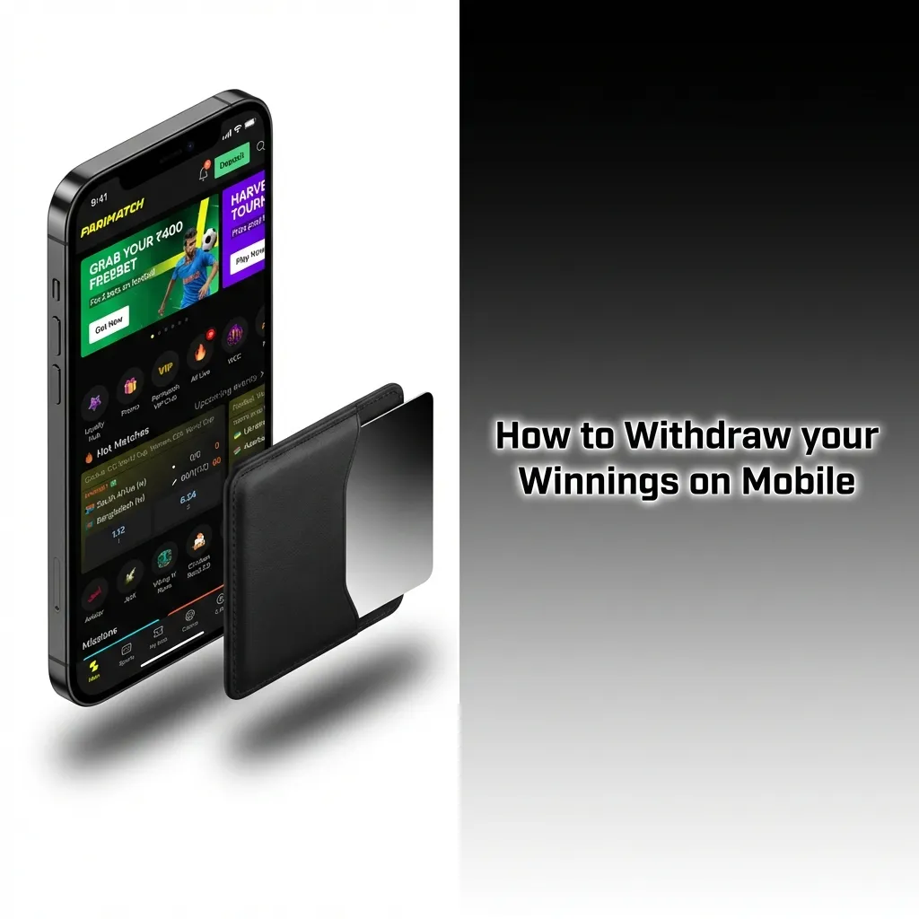 Mobile screen showing withdrawal menu with payment options and amount entry field for cashing out winnings