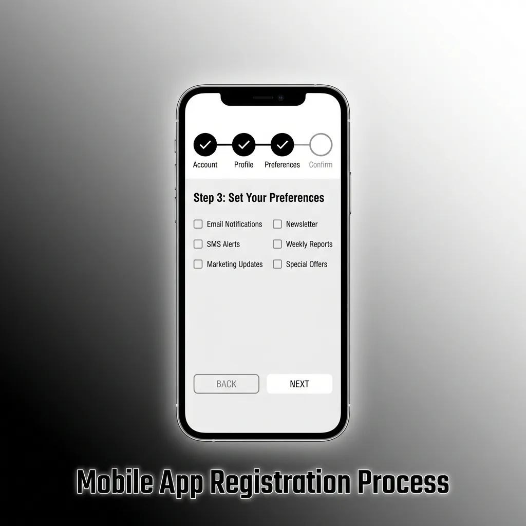 Mobile app registration screen showing step-by-step signup process on smartphone with touchscreen interface