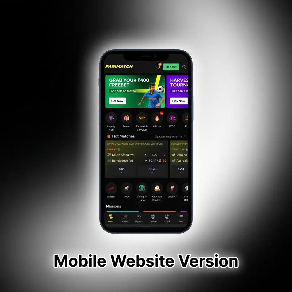 Mobile-optimized betting platform interface displayed on smartphone, showing sports betting and casino game options