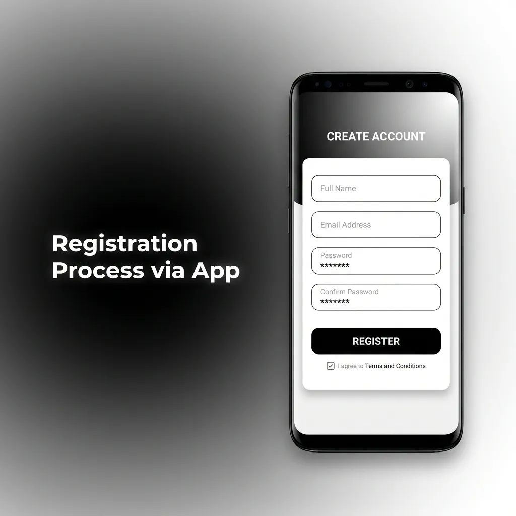 Mobile app registration screen showing sign-up form with fields for phone, email, password, and promo code entry