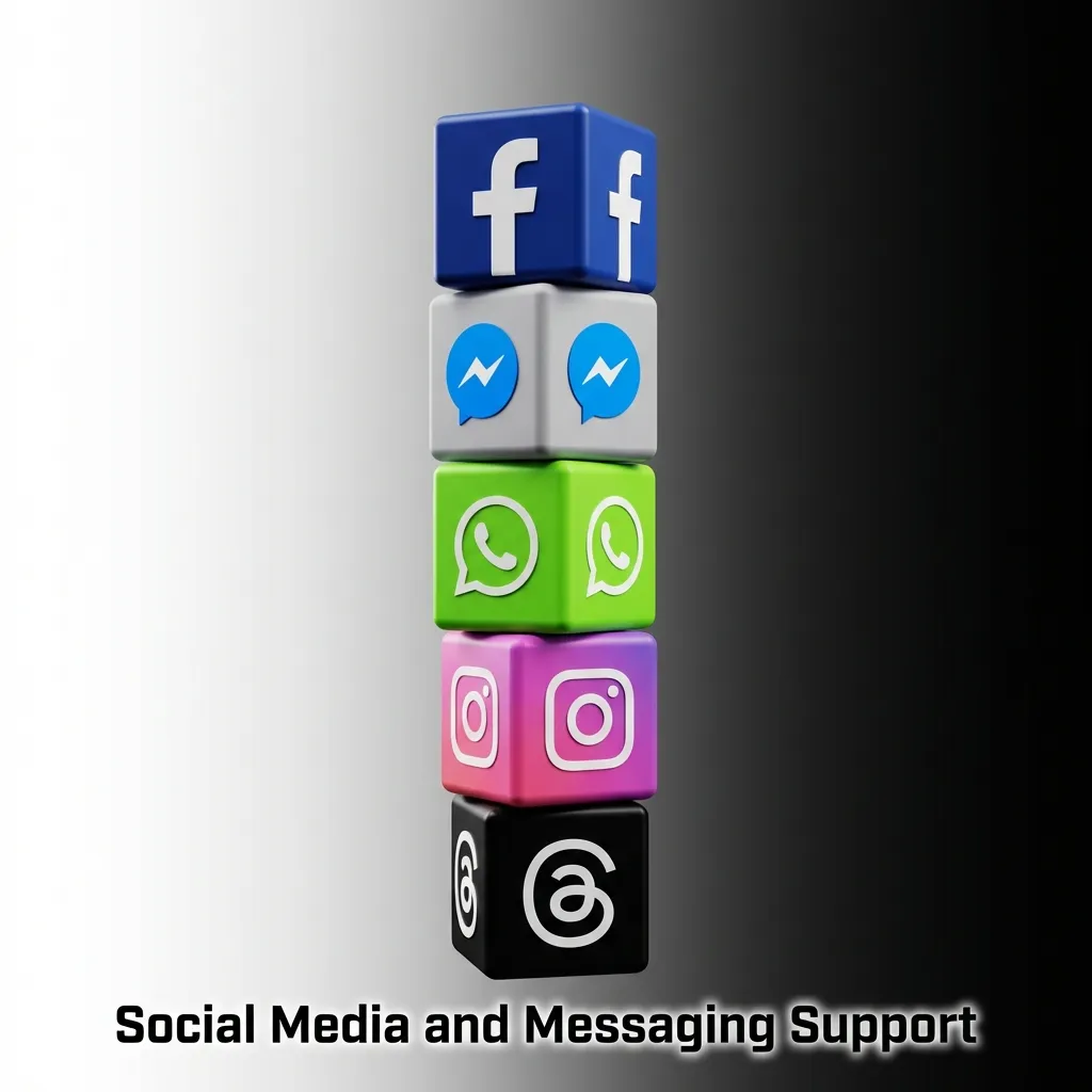 Customer support via social media apps including WhatsApp, Telegram, Facebook Messenger, and Twitter with response times