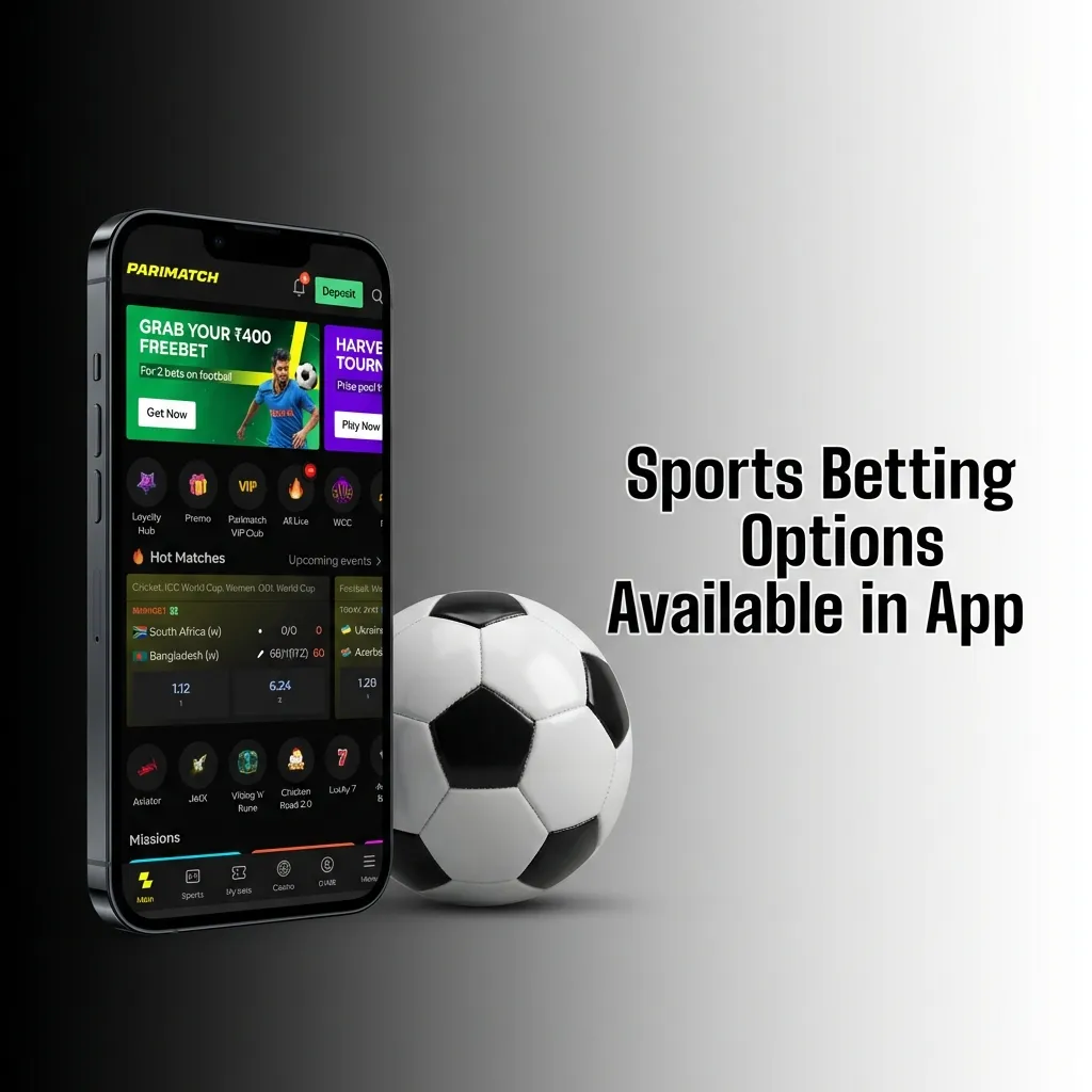 Parimatch iOS app interface showing sports betting options including cricket, football, tennis, and esports markets