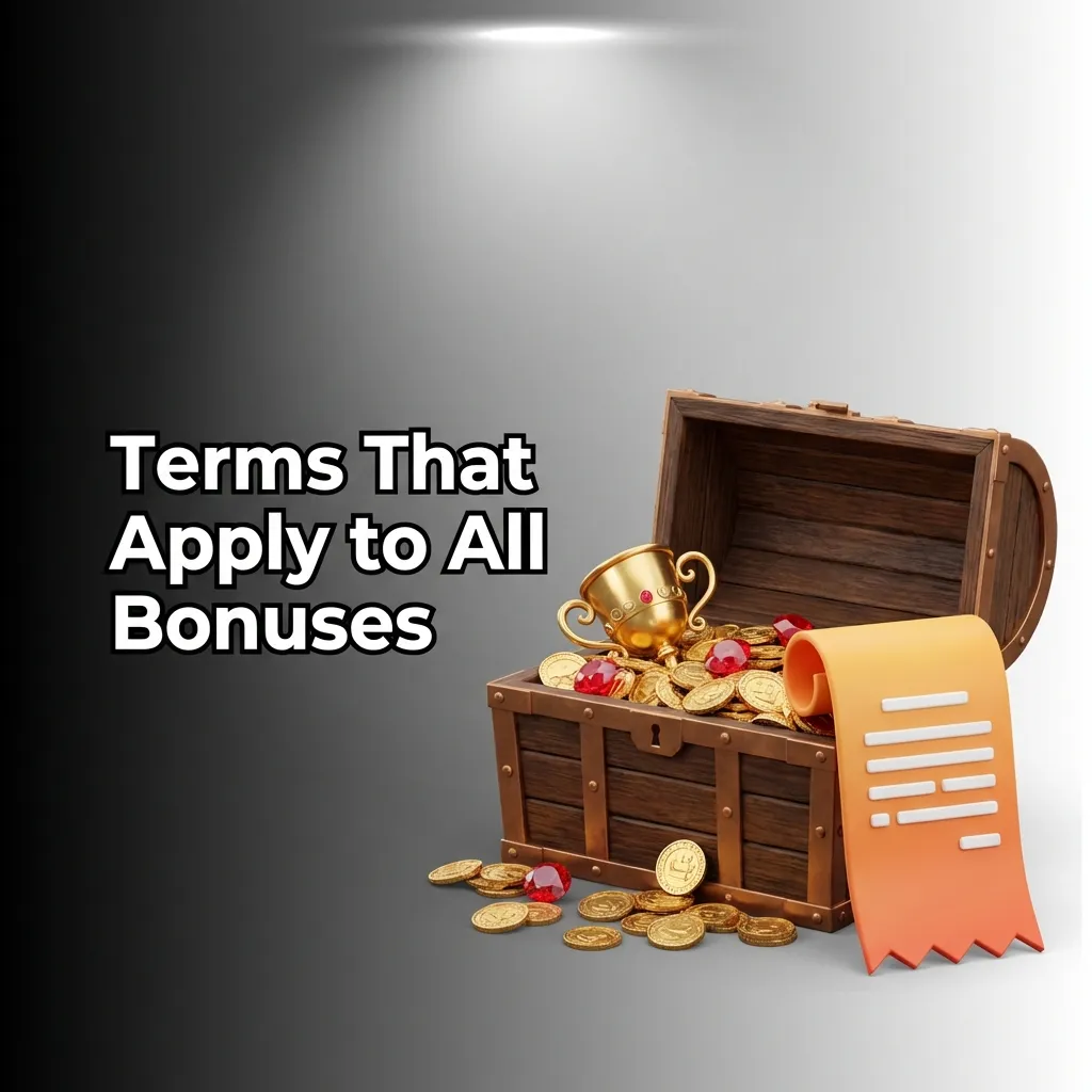 Checklist showing general bonus terms including wagering requirements, time limits, and account verification rules.