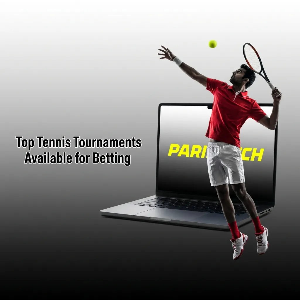 Tennis racket and ball on court representing major tournaments like Grand Slams, ATP, and WTA tours for betting.