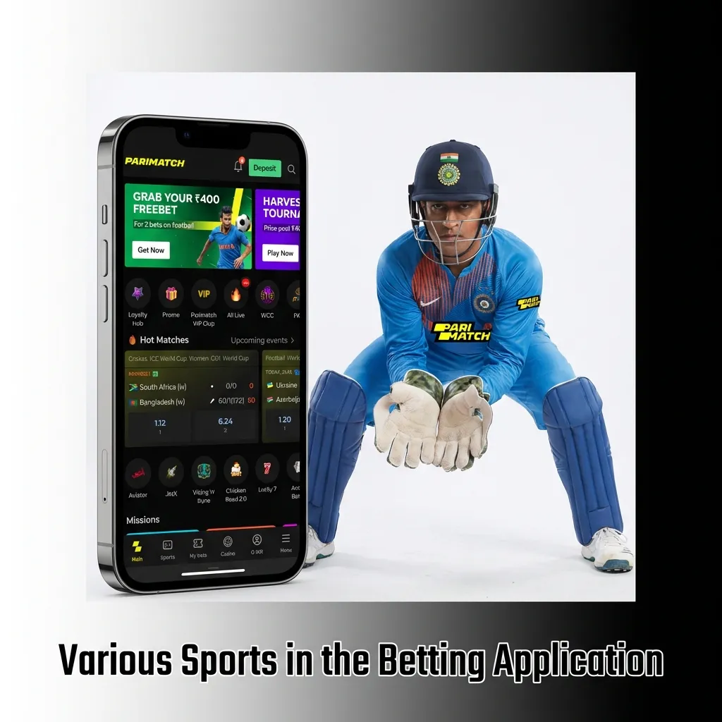 Sports betting app interface showing multiple disciplines including cricket, football, tennis, and live odds updates.