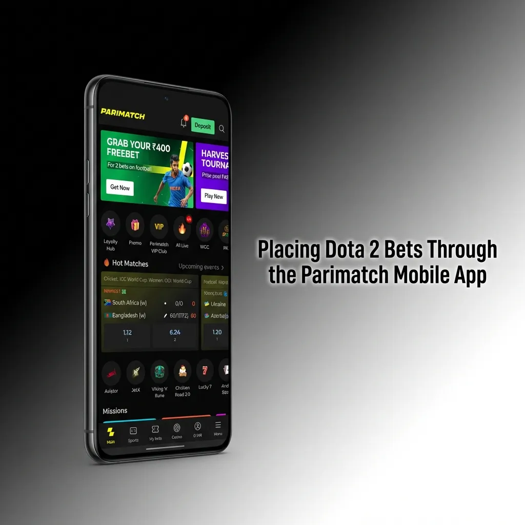 Smartphone displaying Parimatch mobile app interface with Dota 2 betting markets and match odds visible on screen