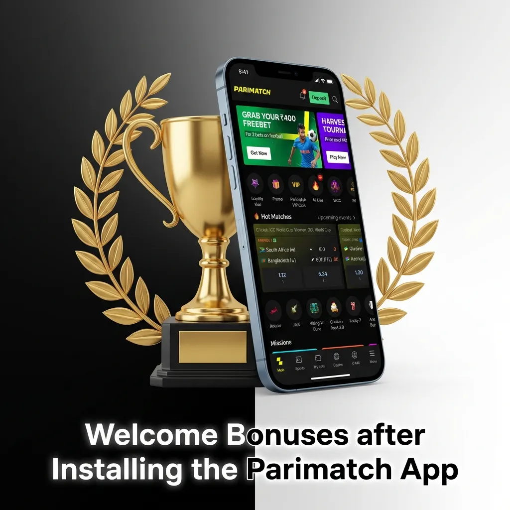 Parimatch app welcome bonuses showing slots, sports, live casino, and instant games offers up to ₹105,000 for new players