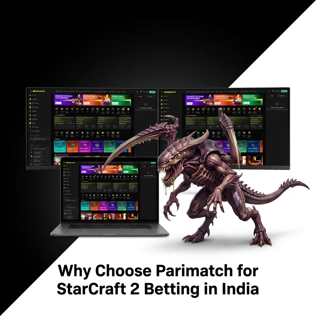 Parimatch StarCraft 2 betting platform interface showing esports odds, payment options, and mobile app for Indian players