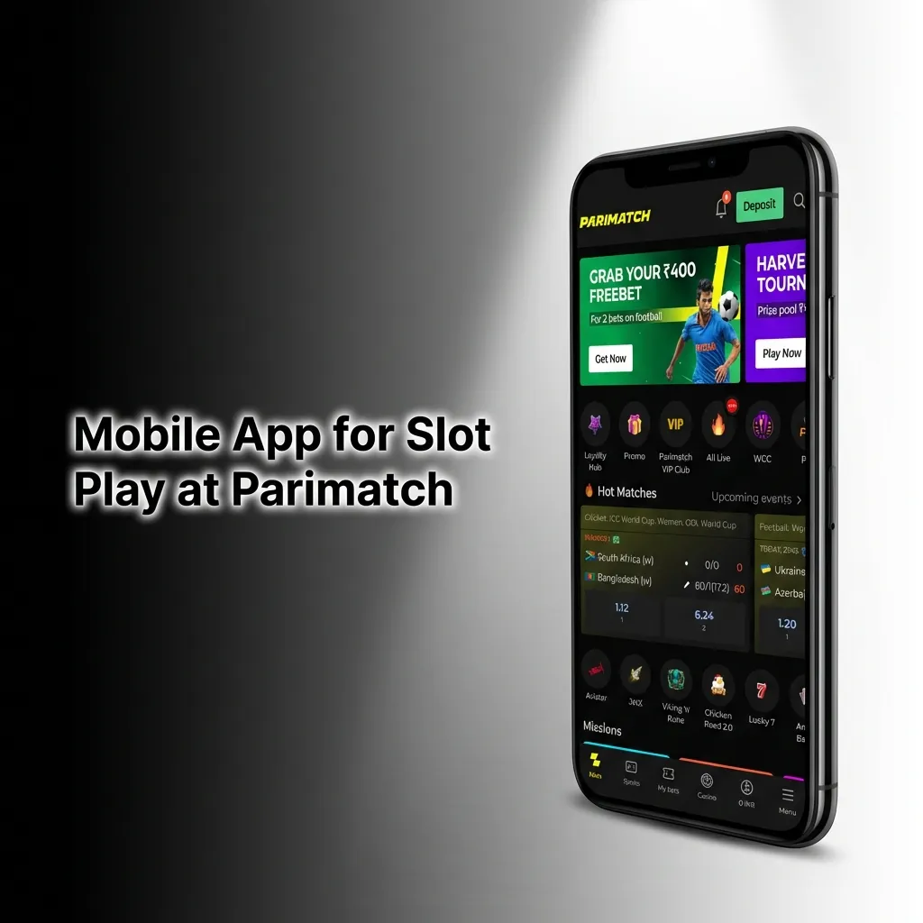 Smartphone displaying Parimatch slot game app interface with colorful reels and navigation menu