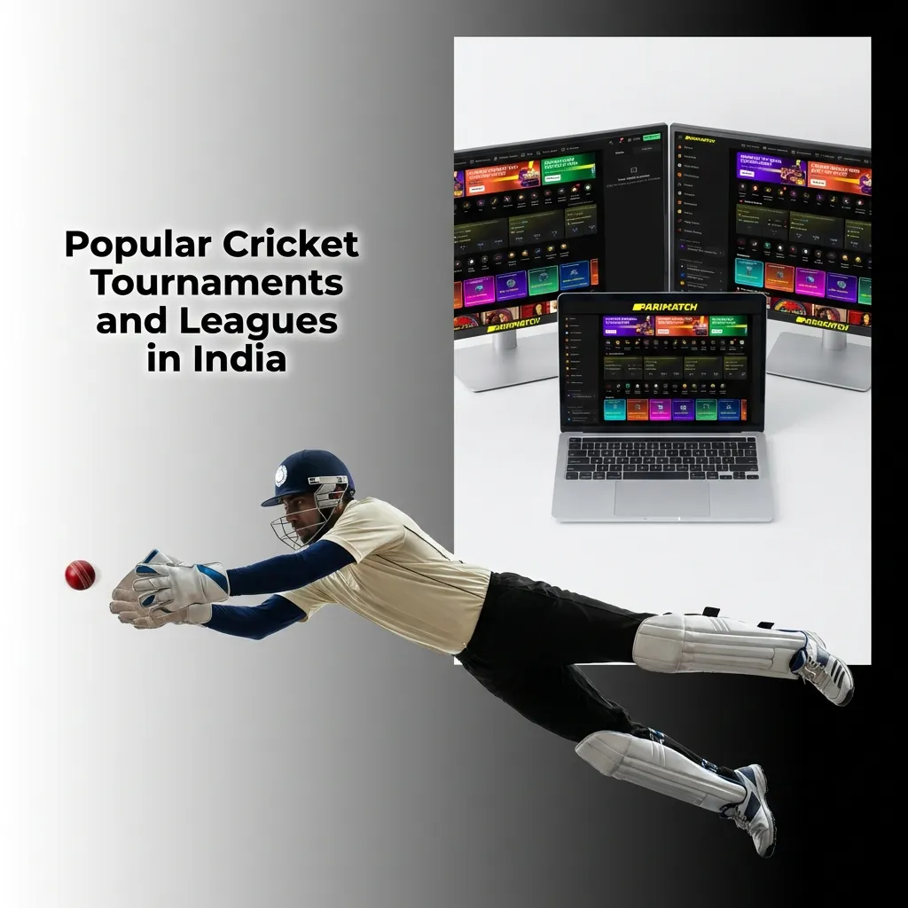 Cricket match action showing players competing in popular tournaments like ICC World Cup, T20, IPL, and The Ashes